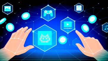 Hands reaching out to play games developed with blockchain technology.
