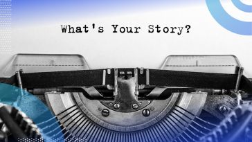 A typewriter with a sheet of paper loaded that reads "What's your story?"