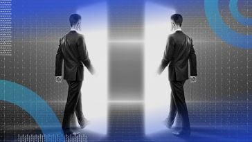 Two men walk through glowing, digital doorways