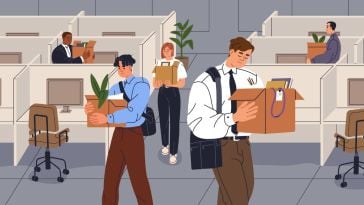 An illustration of laid-off employees leaving an office with a box full of their belongings.