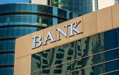 Picture of bank building with the word "bank" at the top.