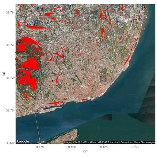 Lisbon map with cycling roads in red