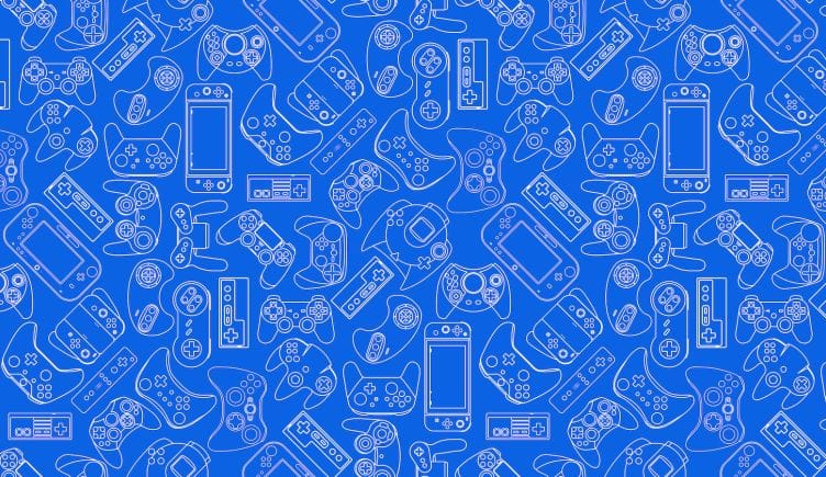 A blue background with different game controller artwork.