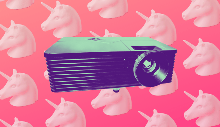 A projector with a unicorn background, pitch deck hed