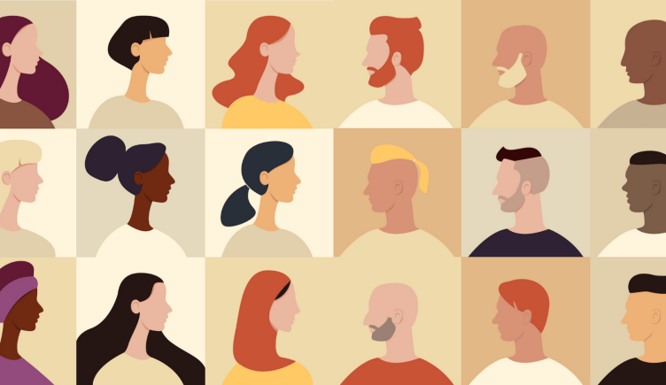 Grid of women and men, conversation illustration