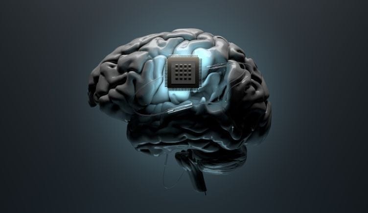 Concept art of a brain with a chip in it
