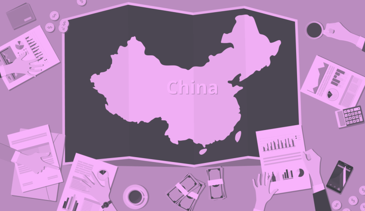 A purple-toned image of a map of China surrounded by business plans and currency startups-expanding-to-china