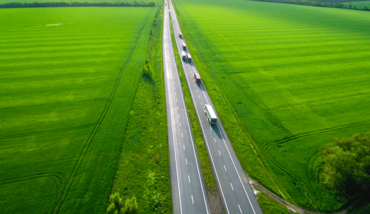 bird's-eye view of trucks on a road