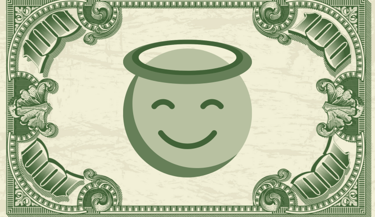 A smiley face angel on a $100 bill, angel investor