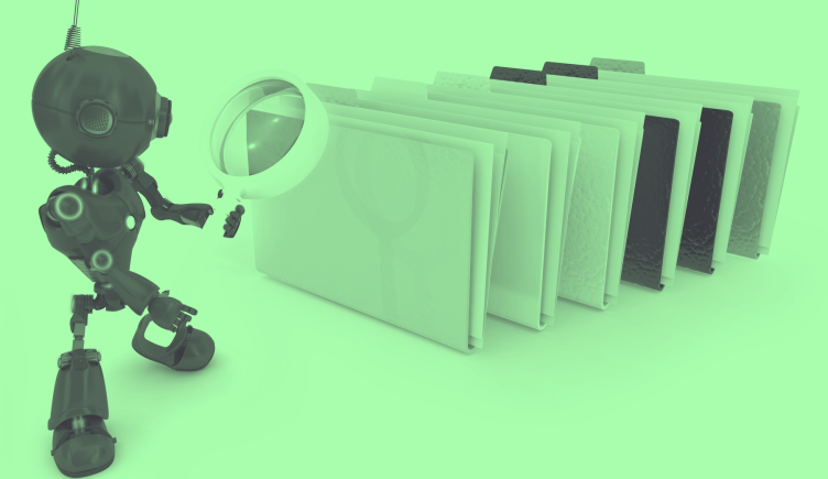 A green-toned image of a robot holding a magnifying glass up to a series of file folders. 5-depts-benefit-automation 