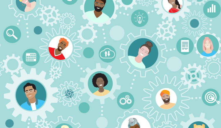 People and cogs on a turquoise background