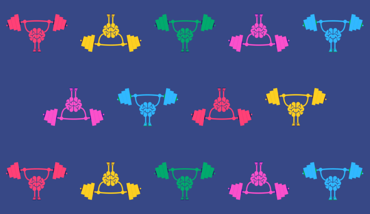 Pattern of a cartoon brain in different colors doing deadlifts, leadership training