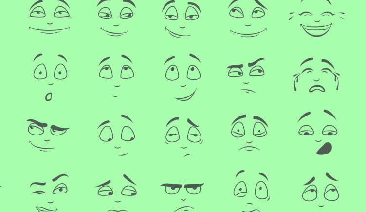 A green-toned image of many different cartoon-style facial expressions. /marketing/emotion-ai