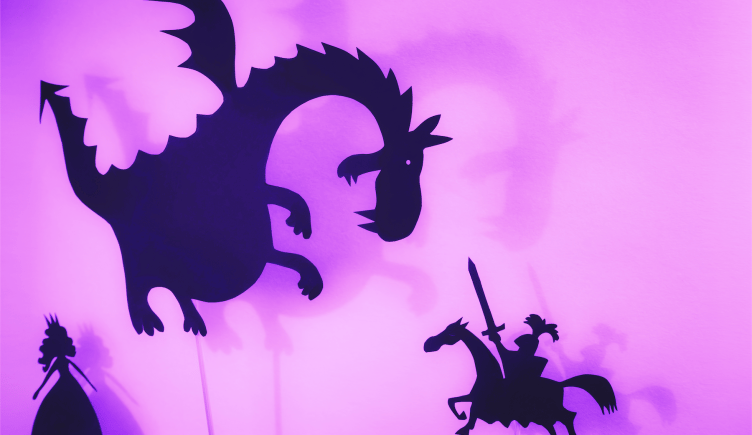 shadow puppets of a dragon, princess and knight a horse, storytelling marketing