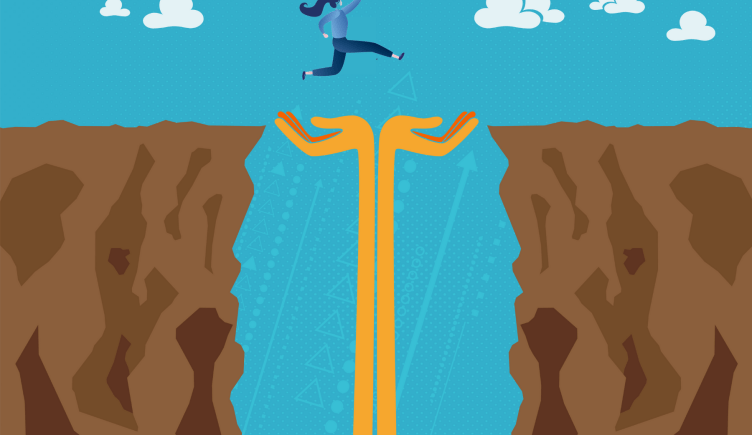 Illustration of a person jumping over a cliff, hands ready to catch them, next team leader choice