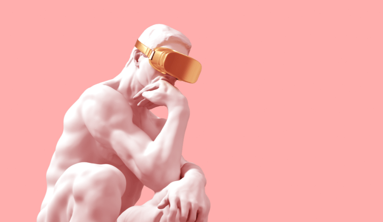 thinker statue with VR goggles, computer science and philosophy