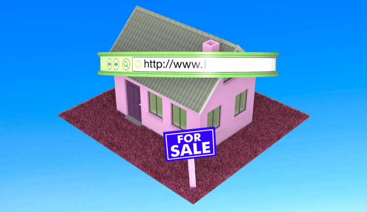 3D image of a house with a for sale sign, domain investing virtual real estate