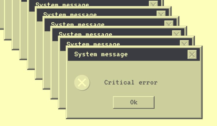 A yellow-toned image of a cascade of old Windows-style system messages saying 