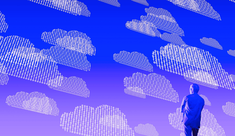 A person monitoring a sky full of digital clouds.