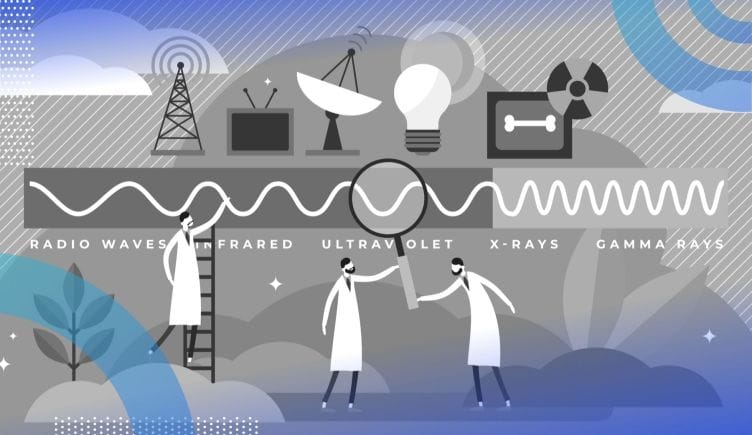 Cartoon drawing of male scientists examining an electromagnetic spectrum with various icons representing the areas of the spectrum, such as radio and X-ray. /hardware/uwb-radar-use-cases