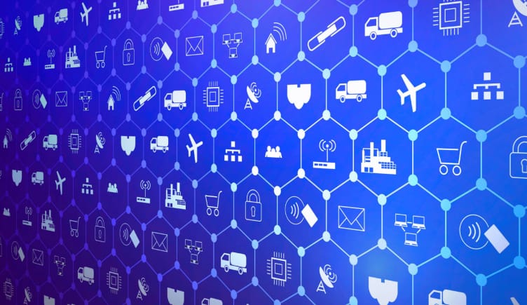 Interconnected icons of different industries and how their big data is used to generate value from their own IOT.