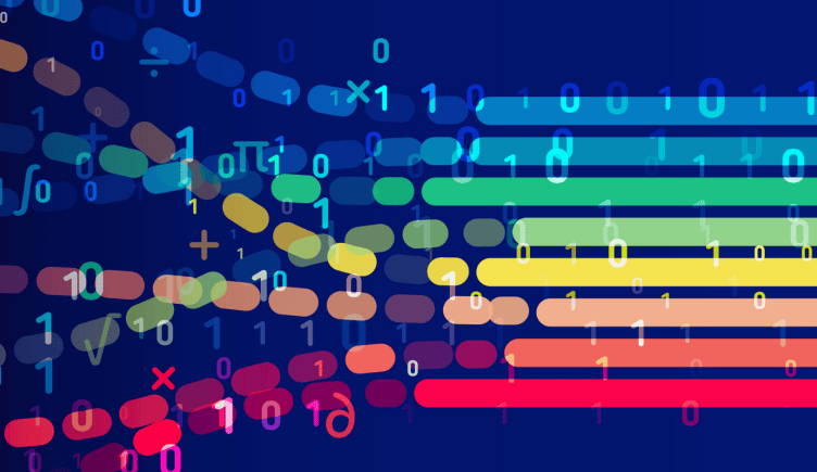Math symbols and numbers flowing into a path of data science.