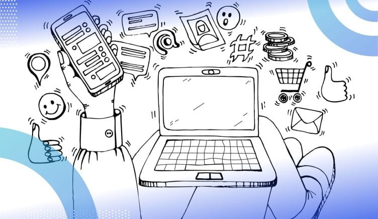 A sketched drawing of a laptop on someone's knees with a lot of symbols associated with social media surrounding it. 12-social-media-job-search-tips