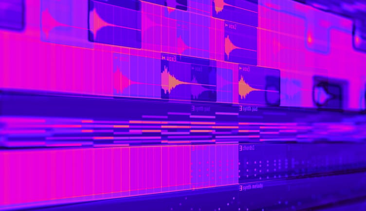 AI music generation software creating the next hit in a digital audio workspace.