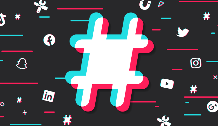 Social media and tool icons floating around a large hashtag icon.
