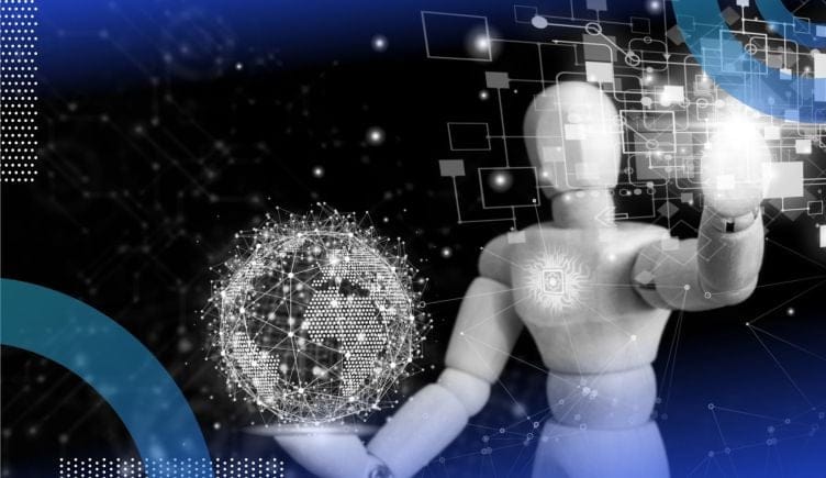 A mannequin holds a connected globe in one hand and interacts with a screen in the other. /artificial-intelligence/challenges-ubiquitous-ai-future
