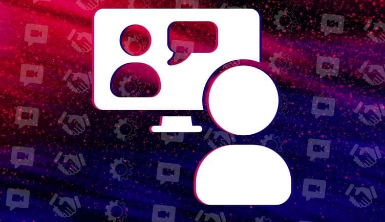 Virtual interview icons over an abstract background.