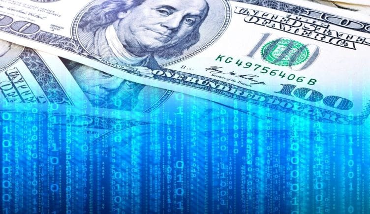Dollar bills dissolving into code as fintech undergoes a technological transformation.