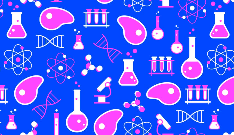 A collage of synthetic biology and lab icons including: flasks, test tubes, strands of DNA, atoms, molecules, and synthetic meats.