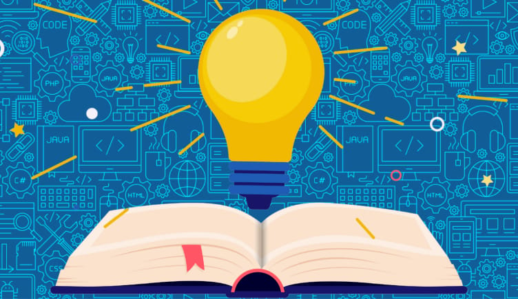A light bulb emerging from a college computer science textbook revealing useful knowledge.