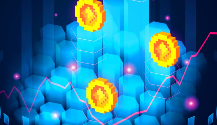 Pixilated cryptocurrency increasing in value in a play to earn game.