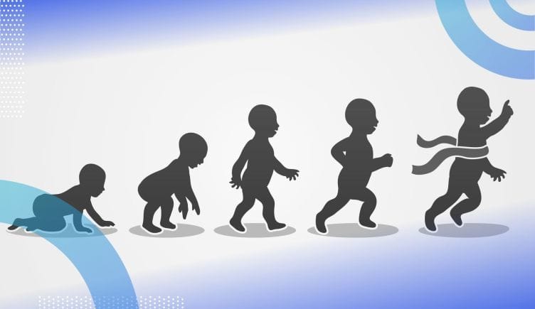 Several drawings of a baby learning to walk. /founders-entrepreneurship/4-phases-scale-crawl-walk-run