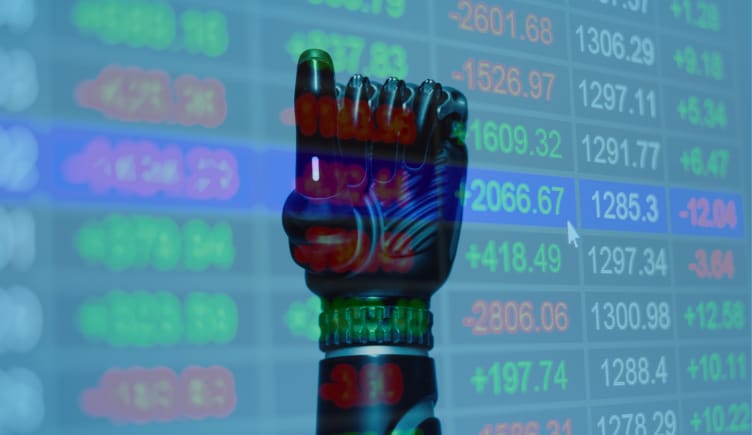robotic hand in front of stock exchange