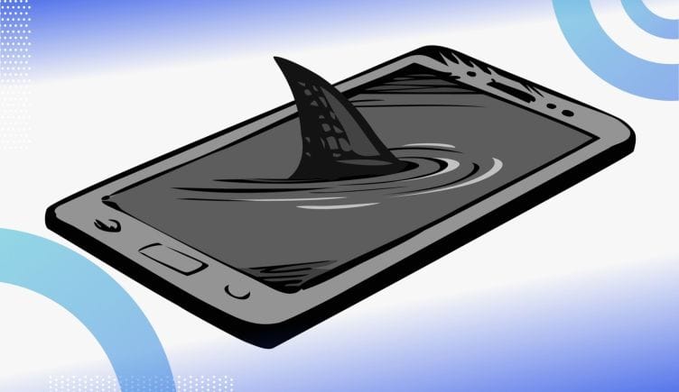 A cartoon of a phone lying flat on its back, a shark fin popping out of the screen that has been made to look like liquid. Symbolzing a threat in the phone. /cybersecurity/securing-saas-apps-devices