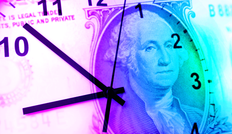 A clock fading into a dollar bill representing how much time a sales rep has to close deals. 