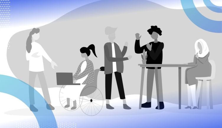 A cartoon of people with different skintones and hairstyles, some standing and one sitting and another using a wheelchair. /diversity-inclusion/tech-can-innovate-dei-again