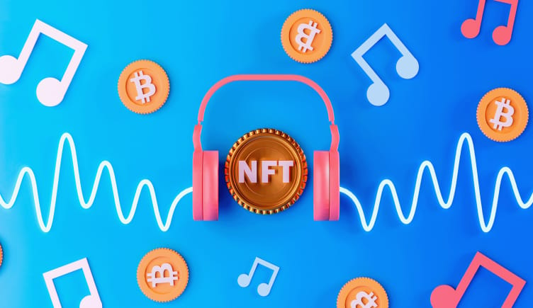 A pair of headphones around a coin labeled NFT and surrounded by cryptocurrency.