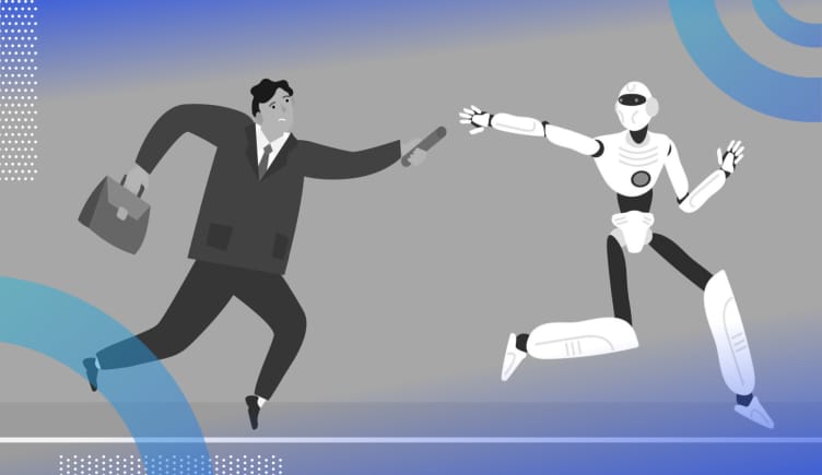 An illustration of a man in a suit passing a baton to a robot on a running track, as in a relay race. /artificial-intelligence/ai-last-mile-problem