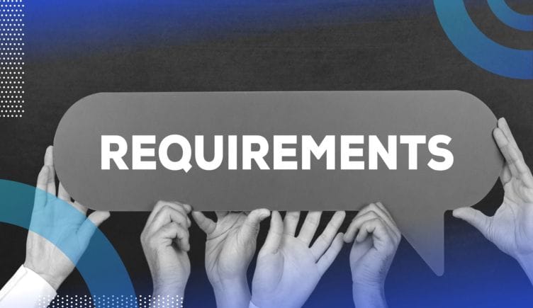 A number of hands hold up a physical text bubble with “requirements” written on it. /product/product-requirements-documentation-prd