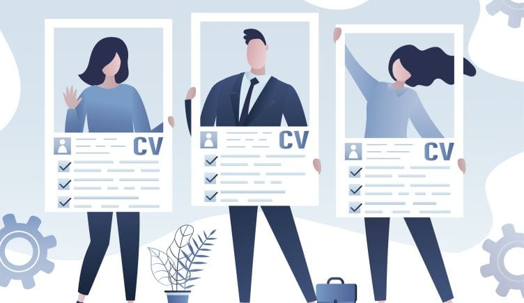 Three job candidates stand with their CVs
