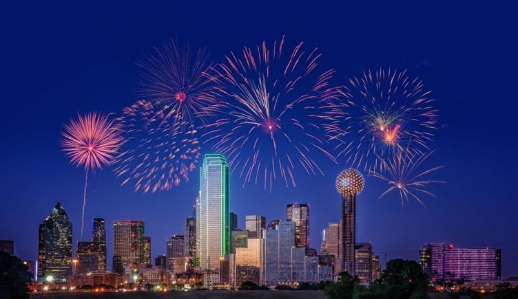 Dallas skyline with fireworks.