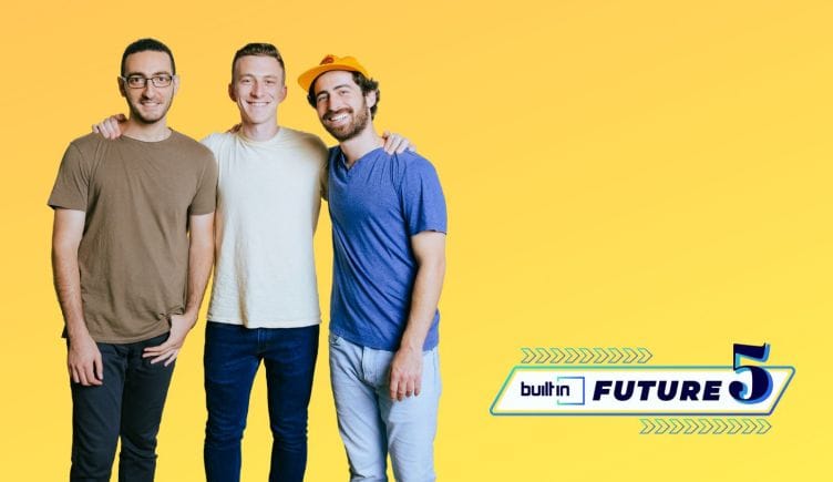 Givebutter's founders on a yellow background next to the future five logo