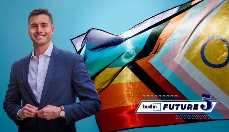 Worthy Mentoring CEO and co-founder Michael Edmonson in front of a progress pride flag on a blue background with the Built In Future 5 logo