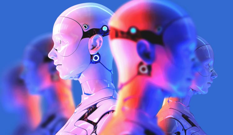 The profile view of a row of humanoid robots.