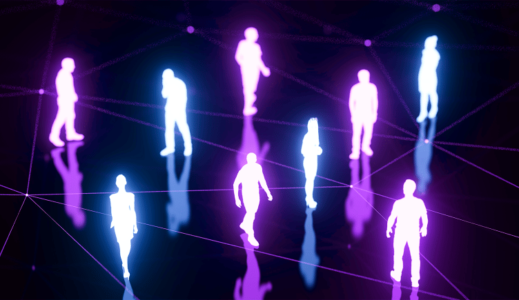 A group of digital people in a Web3 space with their likeness obscured to preserve their anonymity.