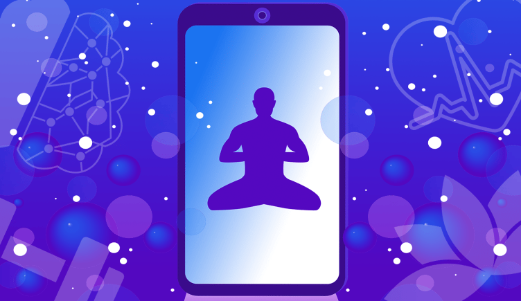A moble device surrounded by heal app icons such as a person meditating, a heart icon, a brain icon, and a fitness icon.